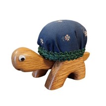 Handcrafted Wood Turtle Pin Cushion Green Lace Blue Flowers Googly Eyes 5&quot;x3.25&quot; - £11.17 GBP