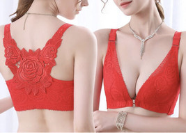 Red Lace Embroidered Rose Racerback FRONT-CLOSE PUSH-UP BRA Rhinestone 4... - £14.53 GBP