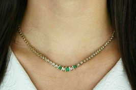 26 Ct Round Cut Emerald &amp; Simulated Diamond Necklace925 Silver Gold Plated - £197.73 GBP