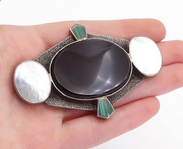 925 Silver - Vintage Black Onyx Mother Of Pearl &amp; Malachite Brooch Pin - BP1753 - £77.32 GBP