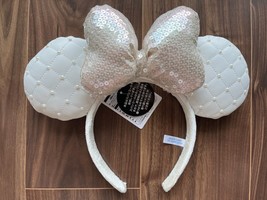 Tokyo Disney Resort Minnie Ears headband hat Pearls White ribbon Leather Sequins - £38.16 GBP