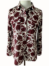 Ann Taylor Loft button down cream burgundy floral adjustable sleeve blouse SP - £17.34 GBP