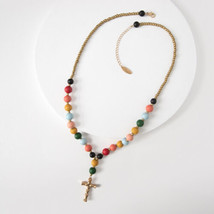 Plunder Necklace (New) Annmarie - Matte Gold Cross W/WOOD Beads - (PPN2196) - £17.68 GBP