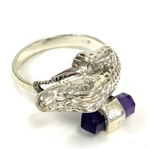 Vintage Sterling Silver Carved Alligator Reptile with Amethyst Stone Ring Band 9 - £37.38 GBP