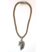 Gold Tone Seed Bead Necklace with Large Rhinestone Leaf Pendant Approx 18&quot; - $27.00