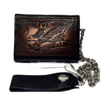 Vintage Biker Trifold Wallet with Chain Black Brown Tooled Leather Live ... - £20.80 GBP