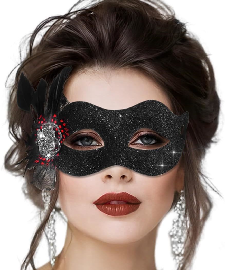 Primary image for Black Masquerade Mask with Feather Mardi Gras Masks Halloween Eye Mask Glitter V