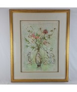 RARE Edna Hibel Art Floral Vase Genie Bottle Glass Framed Print Litho Si... - £452.47 GBP