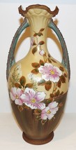 Vintage Nippon Hand Painted Pink Flowers Brown Tan Green Mark 11&quot; Handled Vase - £131.37 GBP