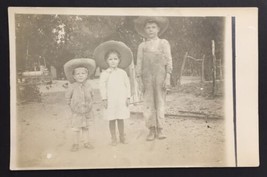 1911 RPPC of 3 Farm Children Kids in Straw Western Style Hats Country Ranch - $25.00