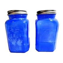 Retro Smokey Blue Glass Salt Pepper Shakers Stainless Steel Lids Rustic Square - £18.29 GBP