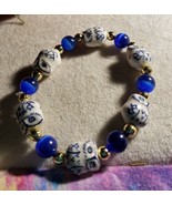 Adjustable 7-8 Hand Beaded Ceramic Owl Bracelet Blue Glass Beads - £11.06 GBP