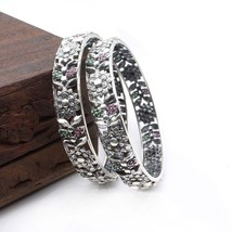 Indian Style Real Sterling Silver CZ Women Oxidized Bangles Pair - 6.2 CM - £133.27 GBP