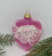 Pink heart with white glitter glass Christmas handmade ornament,XMAS decoration - £10.66 GBP