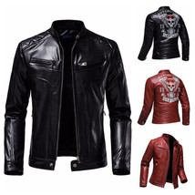New Men&#39;s Skull Print Genuine Leather Jacket Motorcycle Biker Punk Leath... - £86.90 GBP