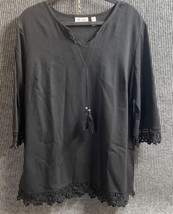 Denim &amp; Company Womens Large Black Shirt Lacey 3/4 Sleeve Pullover Tunic... - $15.46