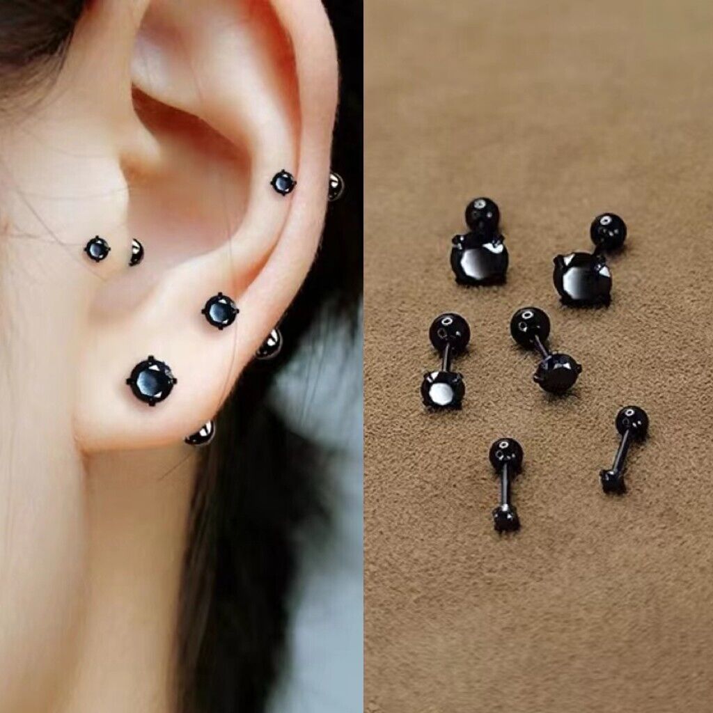 Black Round CZ Screw Back Stud Earrings Women's Stainless Steel Jewelry Gift - £7.45 GBP