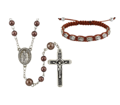 St. Joseph Rosary with Imit Brown Pearl Beads &amp; Wood Cord Bracelet Catholic - £11.73 GBP