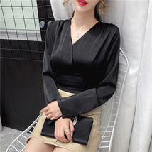 2020 Autumn New Korean Fashionable Long Sleeve Satin Blouse Women  V-neck Slim B - £151.84 GBP