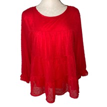 Pretty Garden Women’s Solid Red Long Sleeve Clip Dot Tiered Babydoll Blouse Sz M - £17.48 GBP
