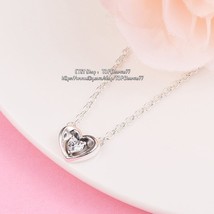 Valentine&#39;s Day 925 925 Silver Radiant Heart &amp; Floating Stone Pendant Necklace - £16.58 GBP