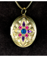 Big 2&quot; RHINESTONE LOCKET Vintage NECKLACE Oval Pendant Purple Pink Goldt... - €16,27 EUR