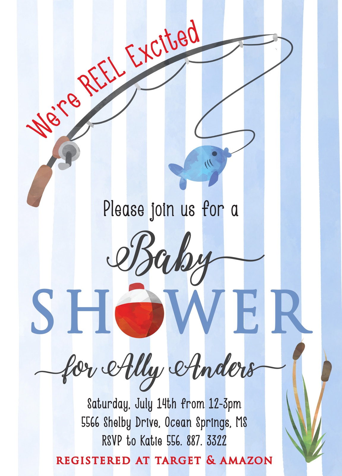 Primary image for Fishing Baby Shower Invitation printable/Digital File/Boy Baby Shower,watercolor