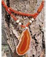 Stunning Carnelian, Freshwater Pearl and Geode Long Pendant Necklace - £46.70 GBP