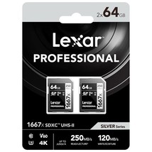 Lexar SILVER Series Professional 1667x 64GB UHS-II SDXC Memory Card, 2-Pack - £71.96 GBP