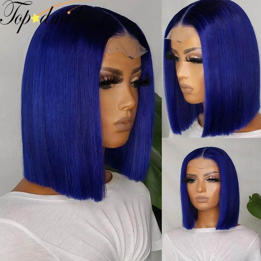 TOPODMIDO Blue Color 13x4 Bob Cut Wigs For Women Peruvian Remy Hair Clos... - £113.77 GBP+