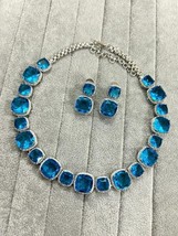 Bollywood Style Silver Plated Turquoise Blue CZ Necklace Earrings Jewelry Set - £75.13 GBP