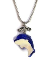 Claire&#39;s Blue Dolphin Charm Forever Silver Steel Round Bead Chain Necklace - £7.12 GBP