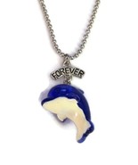 Claire&#39;s Blue Dolphin Charm Forever Silver Steel Round Bead Chain Necklace - £7.18 GBP