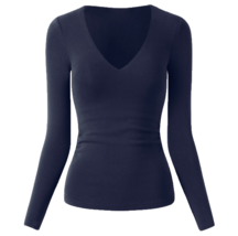 OGL Soft Cozy Eco Mousse Navy Side Ruched Long Sleeve V Neck Bra Top Siz... - $16.99