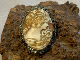 Vtg Sterling Silver Cameo 8.2g Fine Jewelry Pin Brooch Lady Profile w/ F... - £39.83 GBP