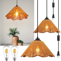 Plug In Pendant Light, Rattan Hanging Lights With Plug In Cord 13Ft Hemp Rope Co - £73.53 GBP