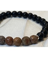 Stretch Bracelet Sandstone and Black Stone Beads Silver Tone Spacer Bead... - £11.78 GBP