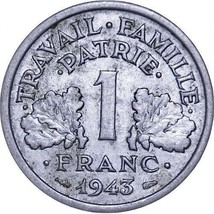 1943 France 1 Franc - Vichy France (État Français) - (KM# 902 G/VG Condi... - £0.76 GBP