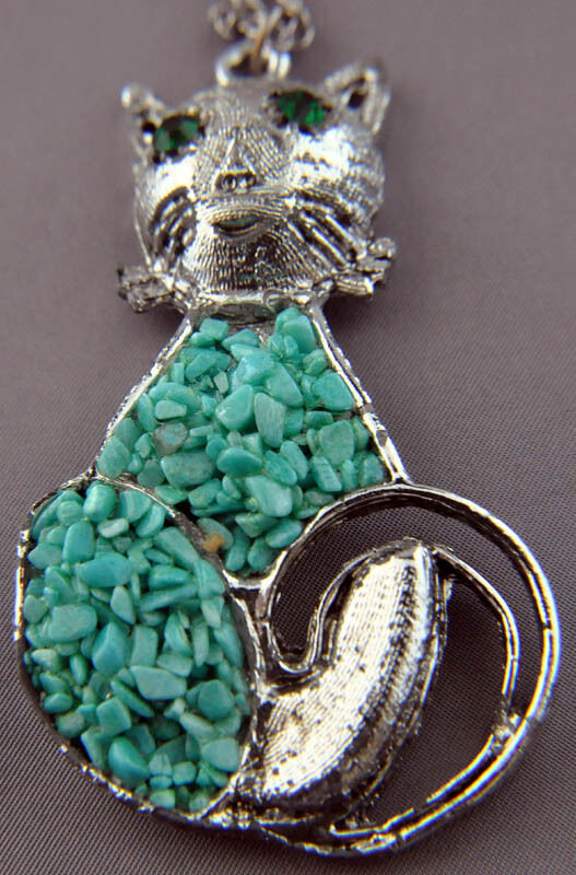 Cats Vintage 1950s Cat Pendant Necklace long Silvertone Chain Mid-Centur... - $34.65
