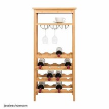 Bamboo Wine Rack w/ Glass Hanger Natural Elegant Style Free Standing Tower New - £78.71 GBP