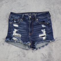 American Eagle Shorts Womens 2 Blue Denim High Rise Distressed Bottoms - $25.72