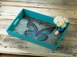 BLUE BUTTERFLY Wood Serving Tray Weathered Finish Lightweight Sturdy - £26.91 GBP