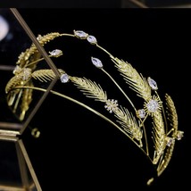 New Tiara gold wheat ear crystal bridal tiara wedding zirconia crown headdress j - £72.91 GBP