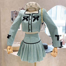 Tweed 2 Piece Set Bow Short Jacket Coat + Skirt Suits - $77.99+