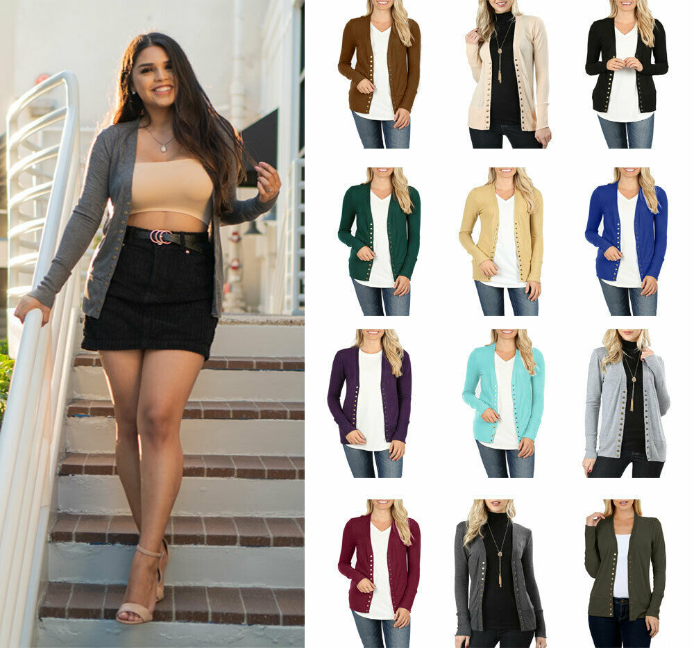 Womens V Neck Long Sleeve Snap Button Sweater Knit Cardigan