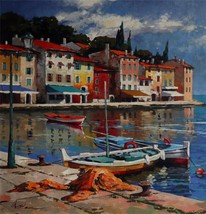 Anatoly Metlan Hand Signed Original Acrylic on Canvas Landscape Coastal Boat Art - £1,500.92 GBP