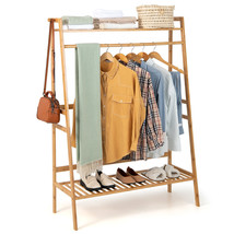 2-Tier Bamboo Garment Rack Clothing Storage Organizer Coat Hanger W/ Rod &amp; Hooks - £77.64 GBP