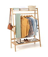 2-Tier Bamboo Garment Rack Clothing Storage Organizer Coat Hanger W/ Rod... - £76.74 GBP