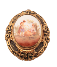 Oval Porcelain Courting Couple In Brass Frame Necklace Pendant 2 Inches Long - £6.75 GBP