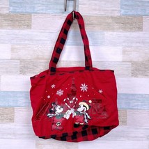 Walt Disney World Christmas Canvas Tote Bag Red Plaid Mickey Minnie Zip Closure - £23.52 GBP
